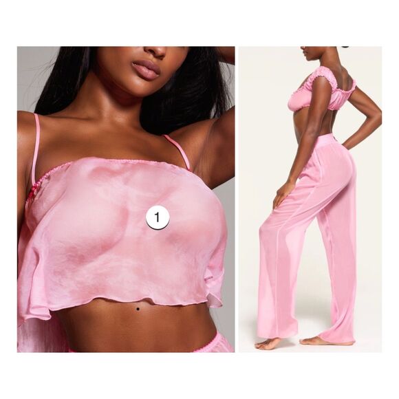 SKIMS Other - SKIMS (NWT) 2pc Sz2X Romance 100% Silk Crop Cami & Pants Bubble Gum Pink Sheer